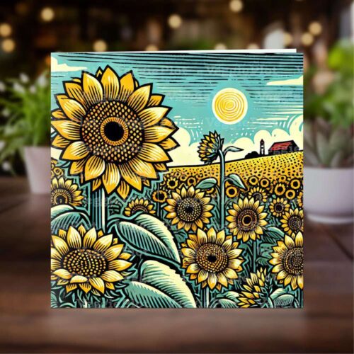 A colourful linocut print illustration on a greeting card of a sunflower field with blue sky and glowing sun.