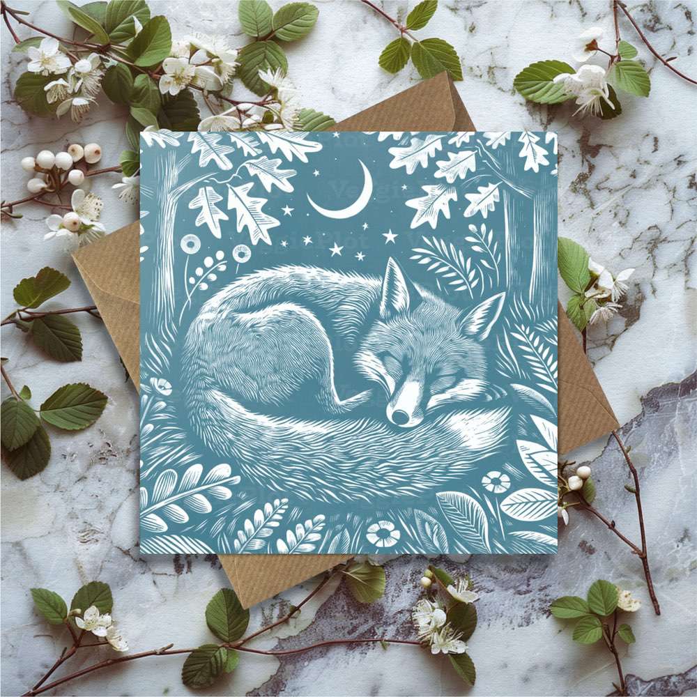 A greeting card with a sleeping fox image