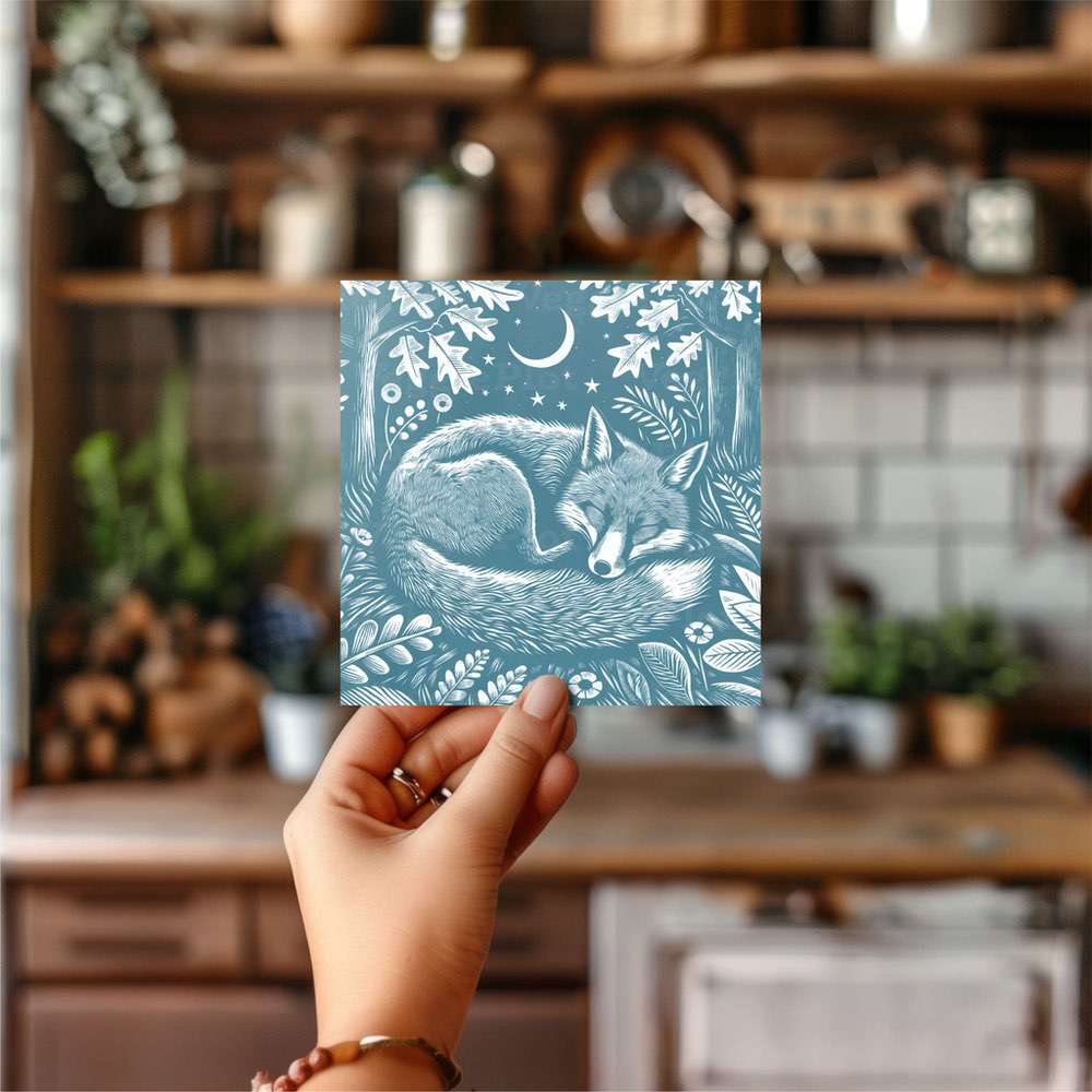 A greeting card with a sleeping fox image