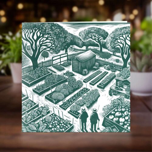 Two people on an allotment greeting card