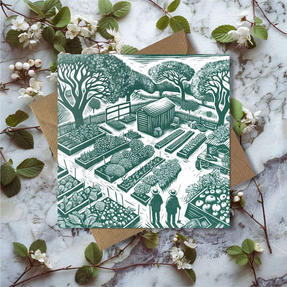 Two people on an allotment greeting card