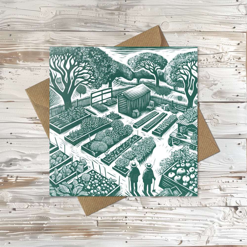 Two people on an allotment greeting card