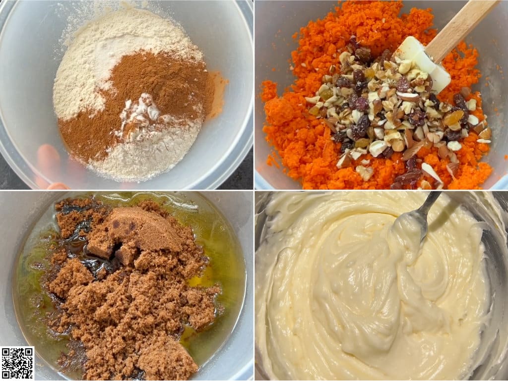 Carrot cake ingredients in four bowls