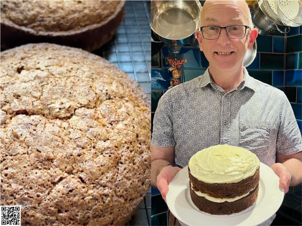 A close up of a cake and man holding a carrot cake